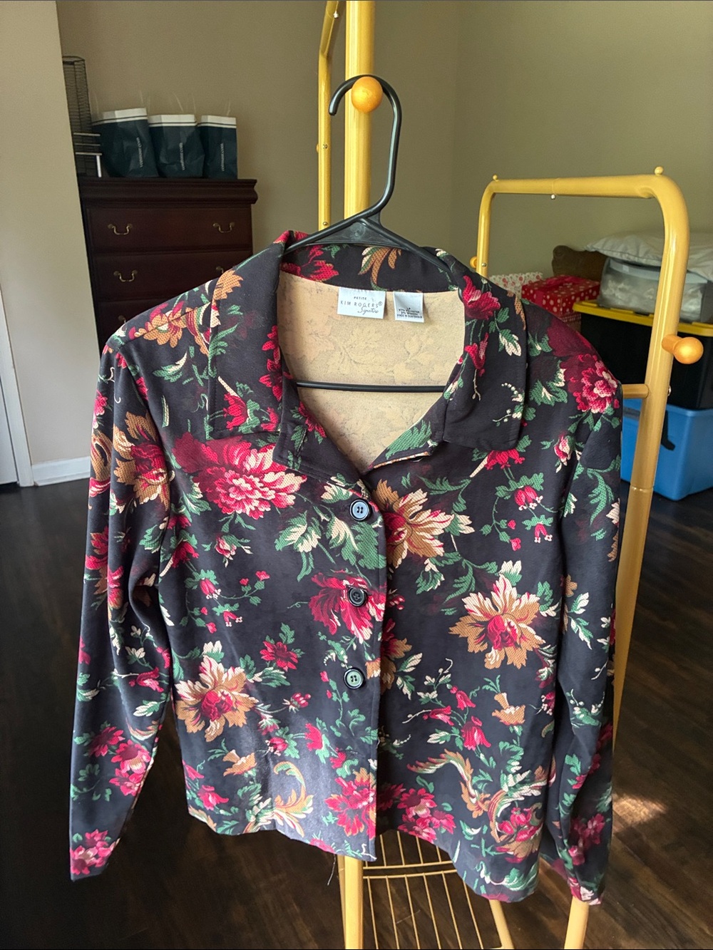 Kim Rogers Black Floral Petite Jacket with Red & Green Accents